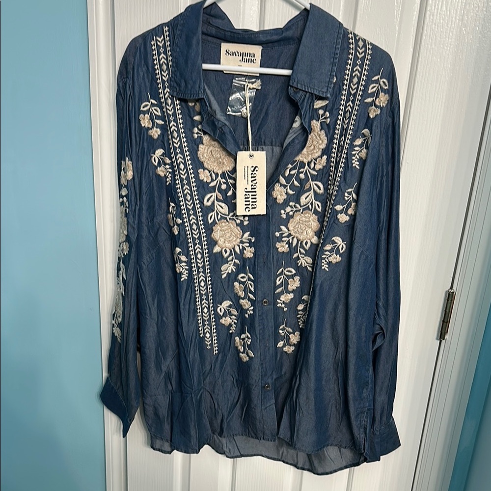 Matilda Jane Blue and Cream Embroidered Long Sleeve Blouse